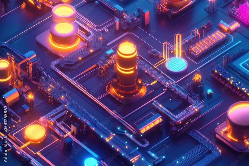 Poster isometric view of futuristic machine code and virtual factory layout with vibrant neon lighting, iso