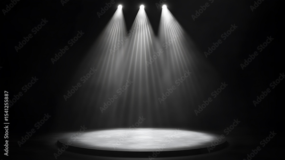 Poster circular stage platform illuminated by three bright spotlights on a black background