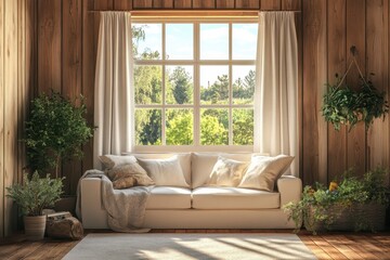 Cozy classic wooden living room with large window and nature views, interior house wooden classic living room with a window and curtain, sofa outdoor view and freshness