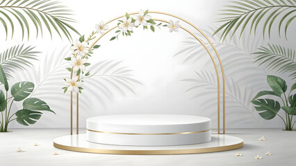 Obraz premium Elegant Product Display Pedestal with Golden Arch, White Flowers, and Tropical Palm Leaves Background