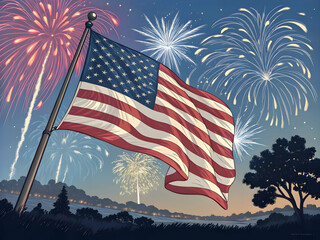Independence Day USA Illustration – Stars, Stripes, Fireworks, and Festive Icons”