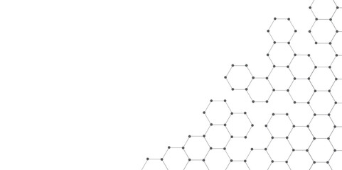 Molecular structure abstract tech background. Geometric white background. Science network pattern, connecting lines and dots medical background, Vector illustration. Vector banner design with hexagons