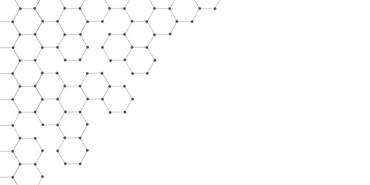 Molecular structure abstract tech background. Geometric white background. Science network pattern, connecting lines and dots medical background, Vector illustration. Vector banner design with hexagons