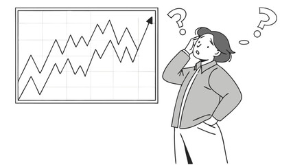 Confused woman looking at a graph with upward trending lines and question marks above her head in black and white