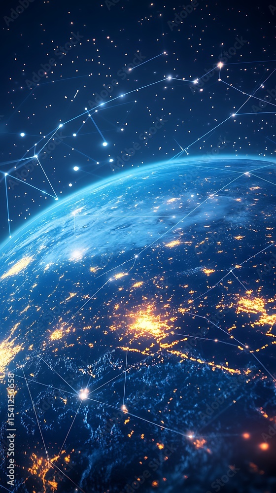 Poster detailed earth globe with cities lights and data network on starry sky view