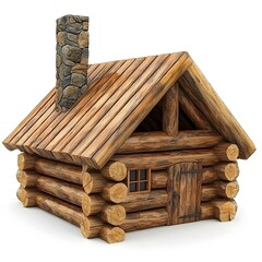 Traditional rustic log cabin house model made of detailed wooden logs with a stone chimney and wood shingle roof, representing countryside rural architecture
