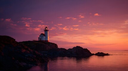 Fototapeta premium Solitary Lighthouse at Sunset Over Calm Sea