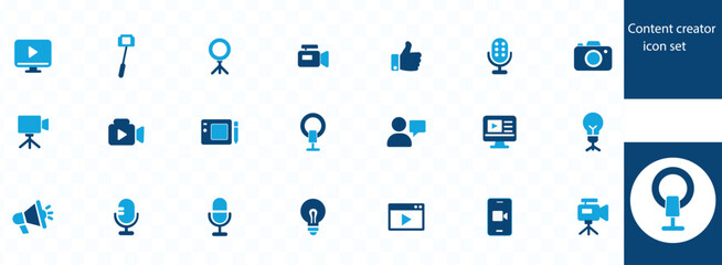 Content creator icon set. Video editing, content strategy, youtuber, blogger, monetization, podcast, live streaming, social network, subscribe and more.