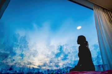 Silhouette of woman looking out window at sunset