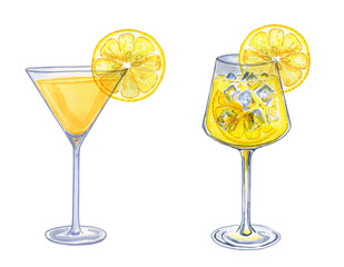 Cocktail limoncello spritz watercolor hand drawn illustration. Set of traditional italian aperitifs on isolated background. Alcoholic lemon drink for bar and menu.