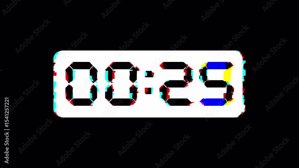 Poster 30 second countdown timer animation with glitch effect. 4k video alpha channel