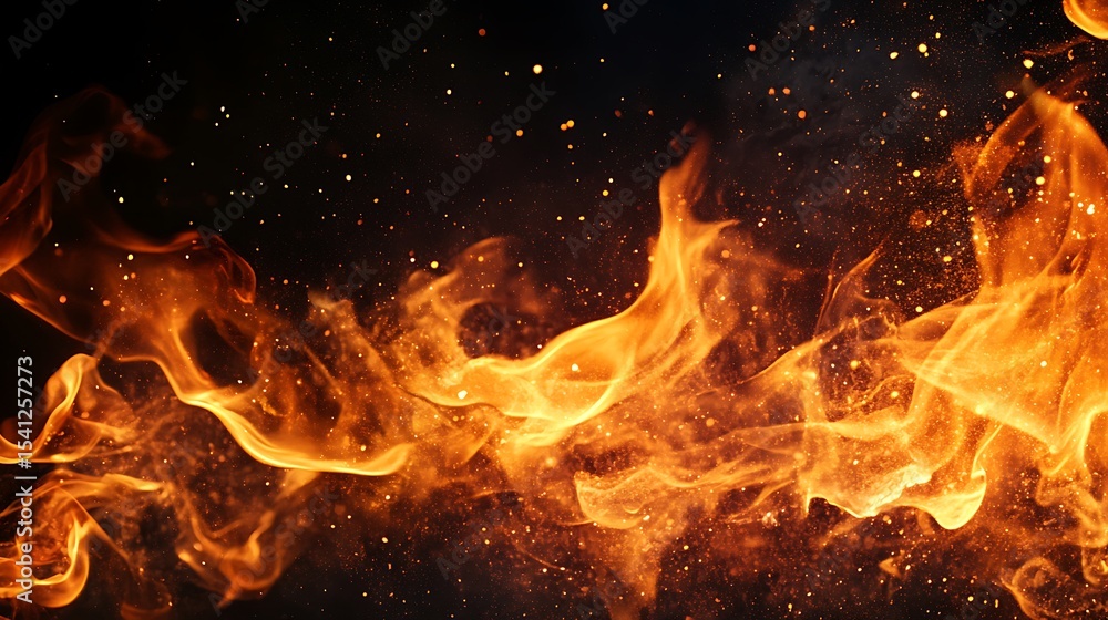 Poster fiery orange flames floating with glittering golden sparkles on dark background