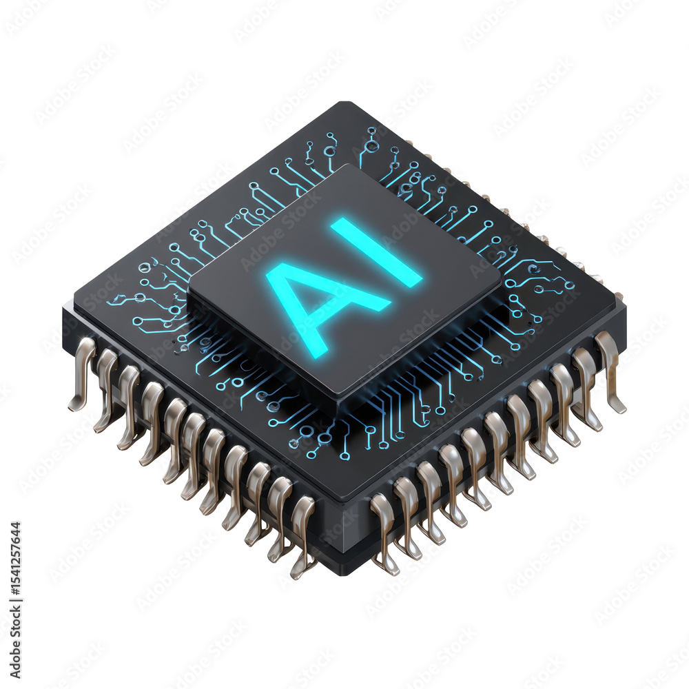 Poster isometric 3d style ai microchip icon with transparent background clean png for web designs and appli