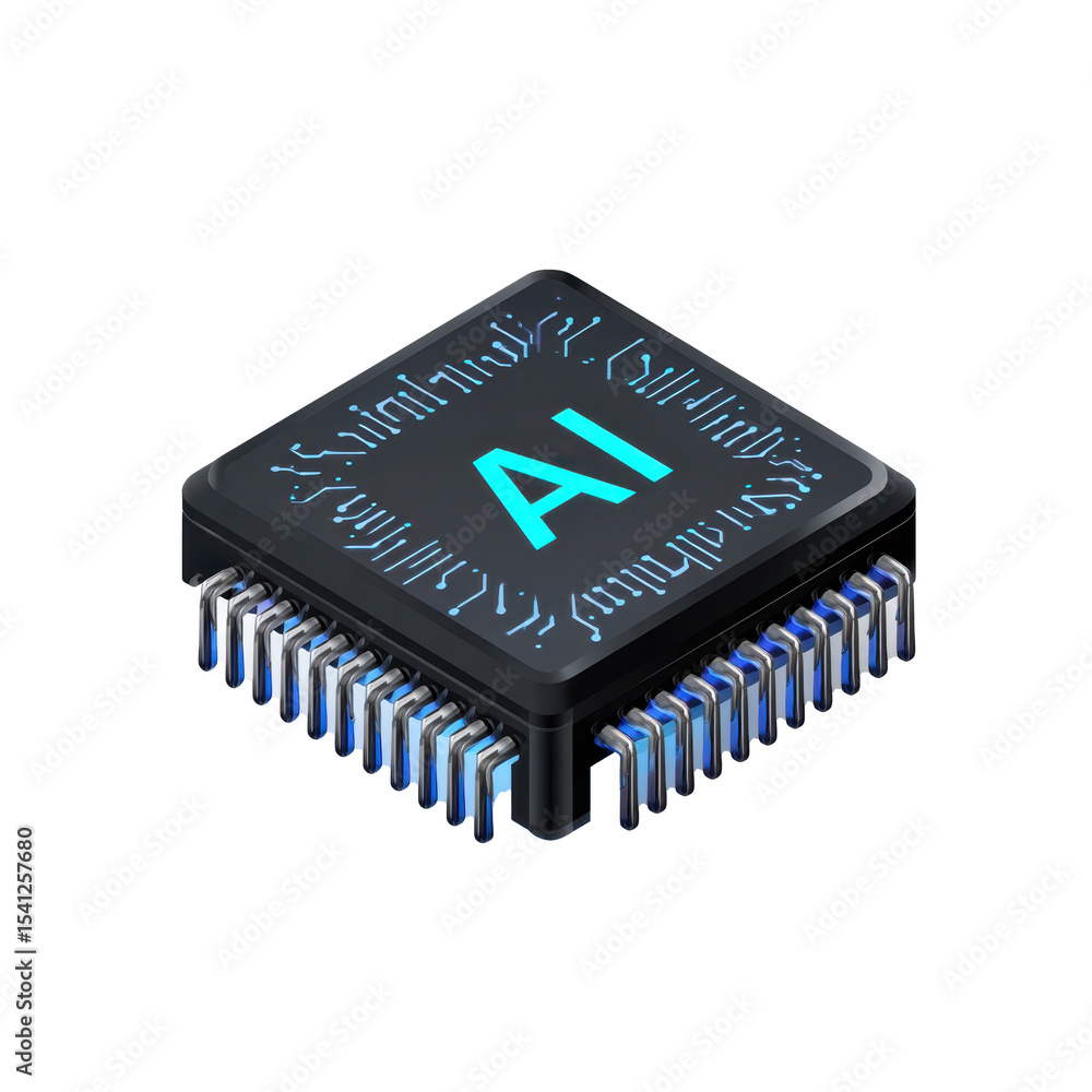 Poster isometric 3d render of a clean transparent png microchip icon representing ai tech for modern applic