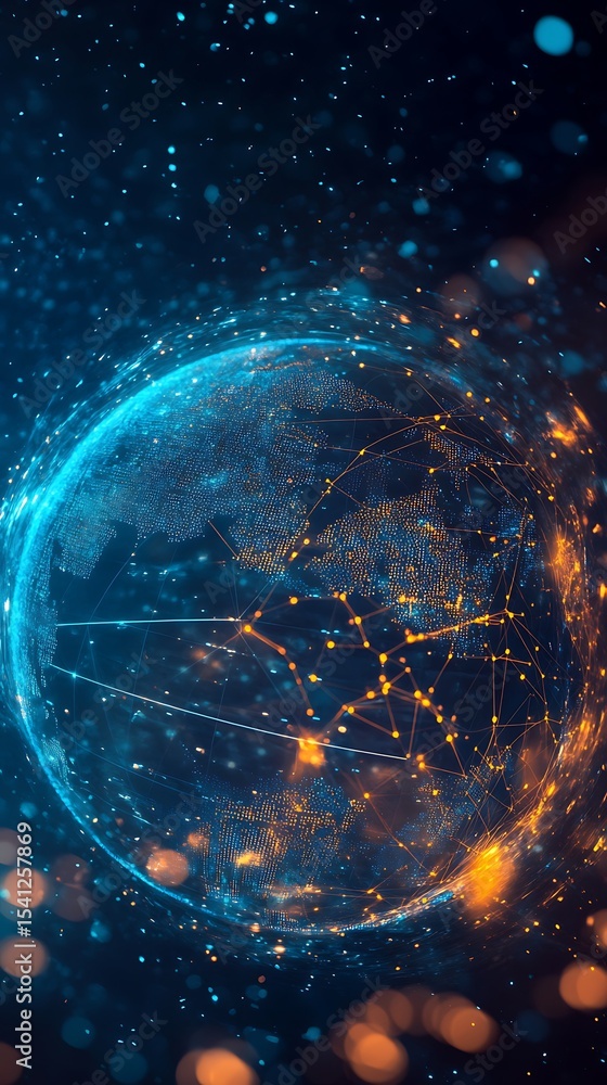 Poster global network earth sphere with glowing dots, connectivity lines, and futuristic design