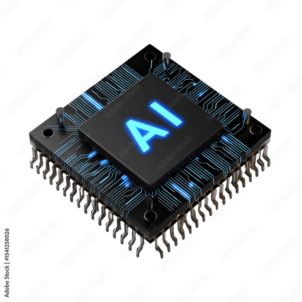 Poster transparent png icon showing a detailed isometric 3d ai microchip clean tech design on a black backg