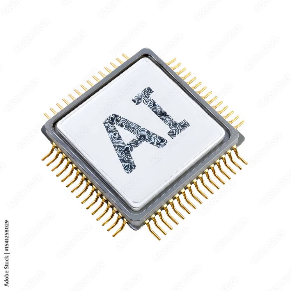 Poster isometric clean tech icon of ai microchip on transparent png background detailed 3d render illustrat