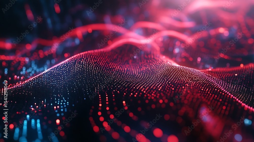 Poster glowing red dotted lines flowing abstract, digital waves, futuristic technology