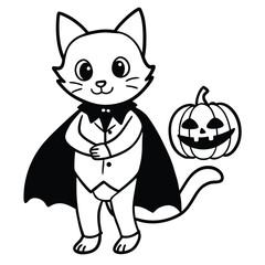 Obraz premium Cute black kitten character drawing with a funny tail playing with a Halloween pumpkin