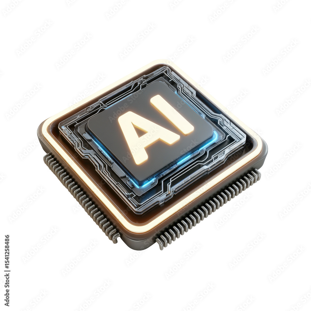 Poster a transparent png icon depiction of a 3d isometric ai microchip with a clean tech design