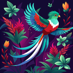 Fototapeta premium A resplendent quetzal in flight, wings outstretched, showcasing its vibrant emerald green, red underbelly, and long, flowing tail feathers. The bird is sharply in focus against a softly blurred backgr