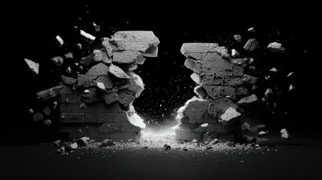 A 3D-rendered scene of a shattered wall with suspended concrete debris, all set against a black backdrop.