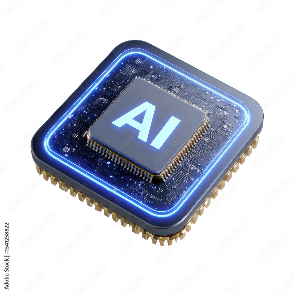 Poster isometric ai microchip icon 3d render on transparent png background a clean tech representation for 