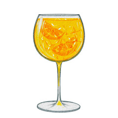 Limoncello cocktail spritz in glass goblet watercolor illustration. Hand drawn image of a lemon drink with ice cubes and lemon slices. For the menu and bar.