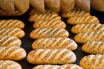 Freshly baked bread rolls emerge from the bakery oven, showcasing a golden crust and sesame seed...
