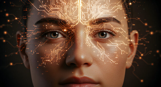 Woman's Face with Glowing Circuit Board Overlay - Artificial Intelligence Concept