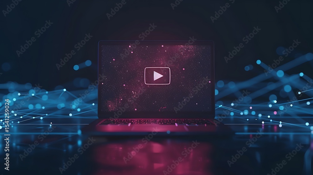 Poster laptop displaying a video play icon on a digital interface.