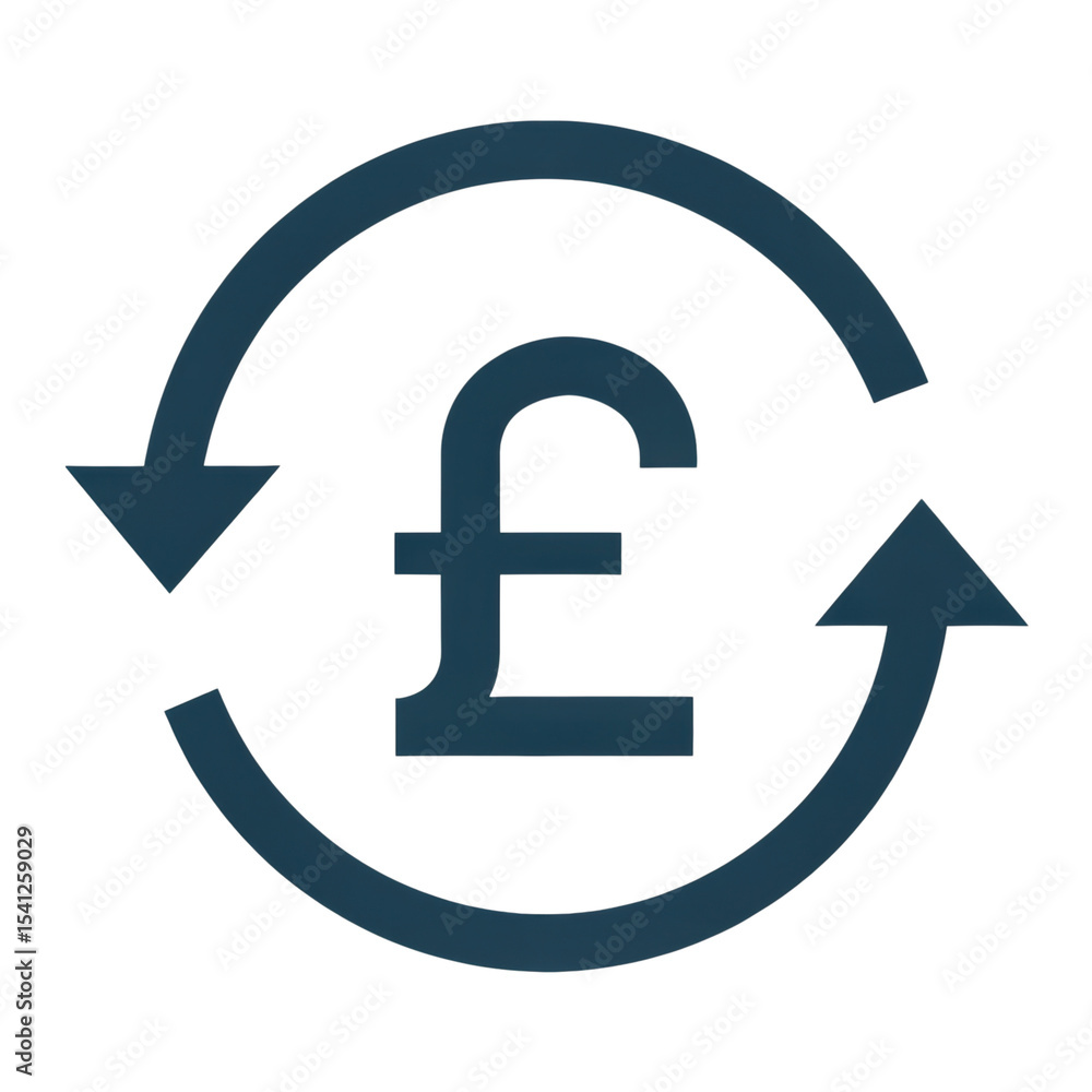 Poster a dark blue british pound currency symbol encircled by two curved arrows forming a continuous loop.