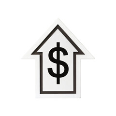 Obraz premium A white arrow pointing upward with a black dollar sign in the center symbolizing financial growth or increase in value.
