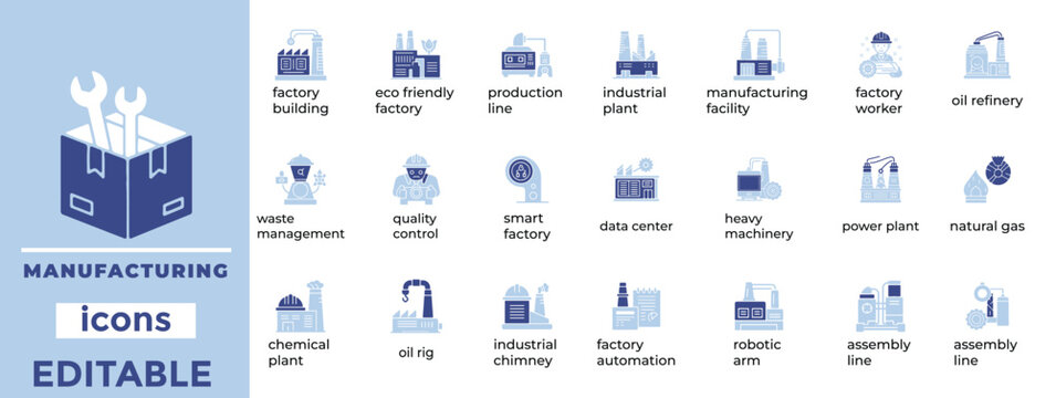 Editable manufacturing vector icons ideal for industry, automation, and factory visuals. Clean, modern, and scalable.