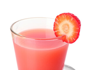 Glass with tasty strawberry smoothie on white background