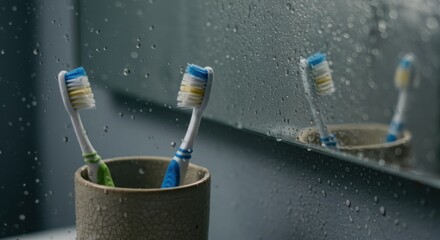 Two toothbrushes in holder bathroom setting