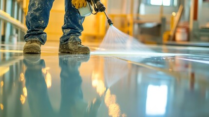 Construction worker applying epoxy resin on concrete industrial floor