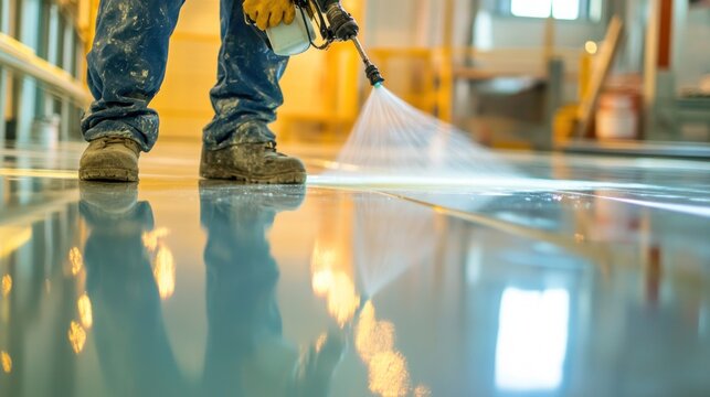 Construction worker applying epoxy resin on concrete industrial floor
