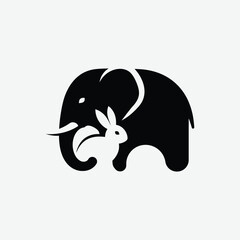Striking abstract logo featuring an elephant and rabbit in clever negative space. Minimalist black design on white background with bold contrast and clean lines. Perfect for modern branding.