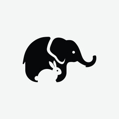 Striking abstract logo featuring an elephant and rabbit in clever negative space. Minimalist black design on white background with bold contrast and clean lines. Perfect for modern branding.
