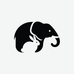 Striking abstract logo featuring an elephant and rabbit in clever negative space. Minimalist black design on white background with bold contrast and clean lines. Perfect for modern branding.
