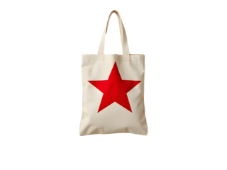 Off White Cotton Tote Bag Featuring a Large Red Five Pointed Star Design isolated on a transparent background