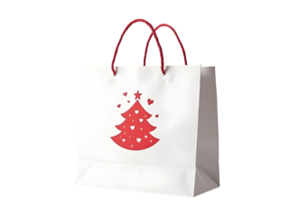 White Paper Shopping Bag Red Christmas Tree Design Red Handles Festive Gift Bag isolated on a transparent background