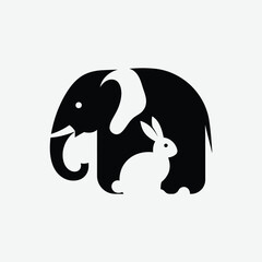 Striking abstract logo featuring an elephant and rabbit in clever negative space. Minimalist black design on white background with bold contrast and clean lines. Perfect for modern branding.