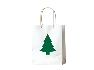 White Paper Shopping Bag with Green Christmas Tree Design isolated on a transparent background image