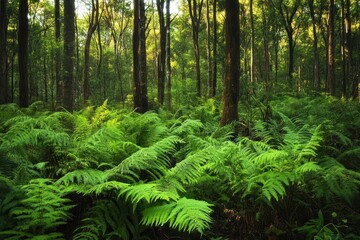 Lush ferns thrive in the tropical forest of Tasmania, Australia, showcasing rich biodiversity and vibrant green hues, Tropical forest of Tasmania Australia Ferns vegetation