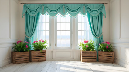 Fototapeta premium Elegant Window Interior with Aqua Drapes and Flower Planters