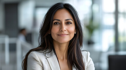 Smiling 30s latin hispanic middle-aged business woman working on laptop computer in modern office