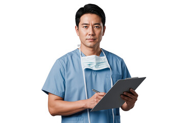 Male doctor wearing scrubs and face mask holding clipboard and pen, isolated on transparent background. Serious medical professional in hospital setting