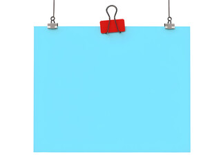Light Blue Blank Paper Canvas Hanging With Red And Silver Binder Clips isolated on a transparent background